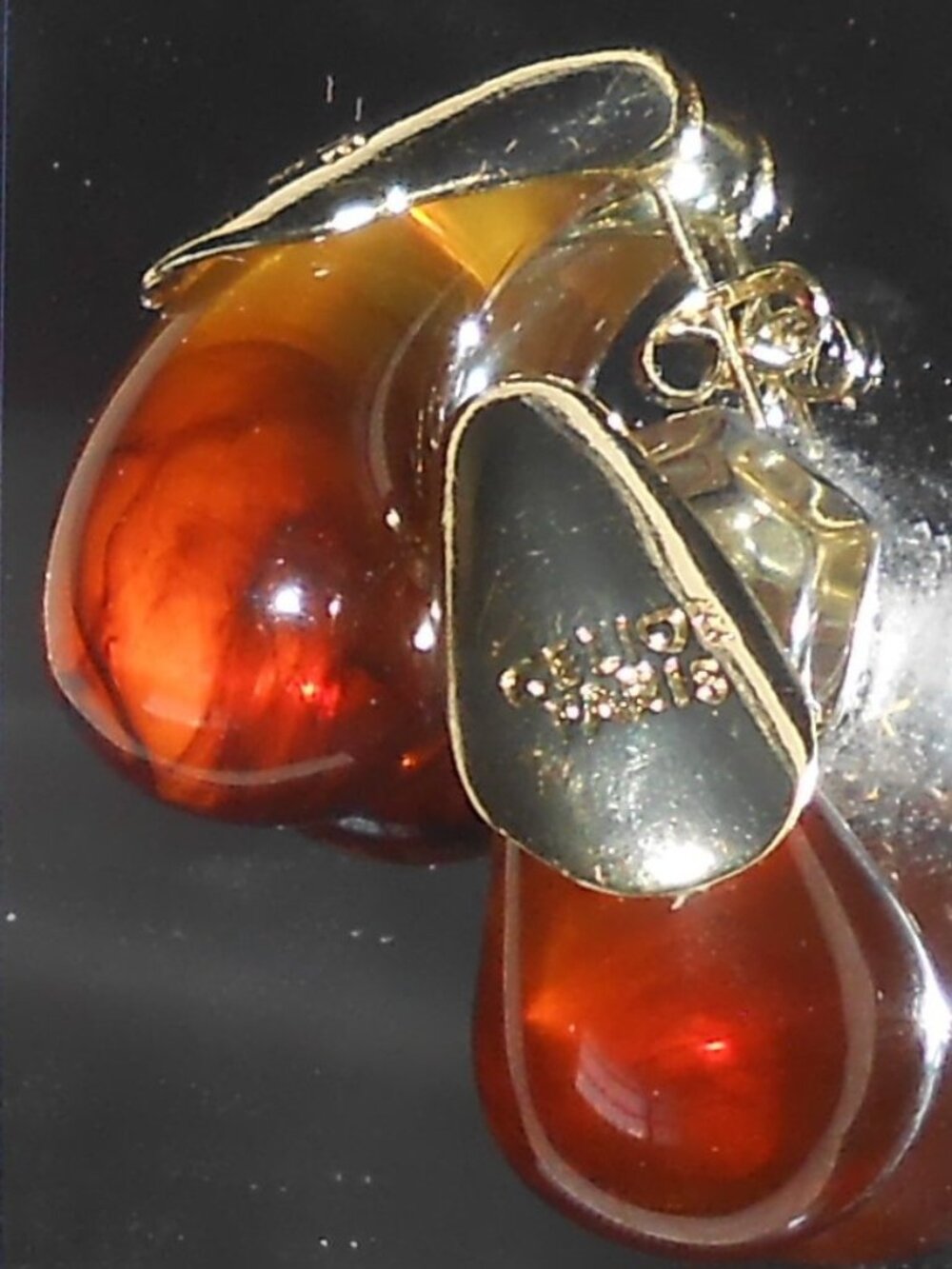 SIGNED CELINE PARIS AMBAR TONE WATER DROPLET GLASS PIERCED EARRINGS VGC